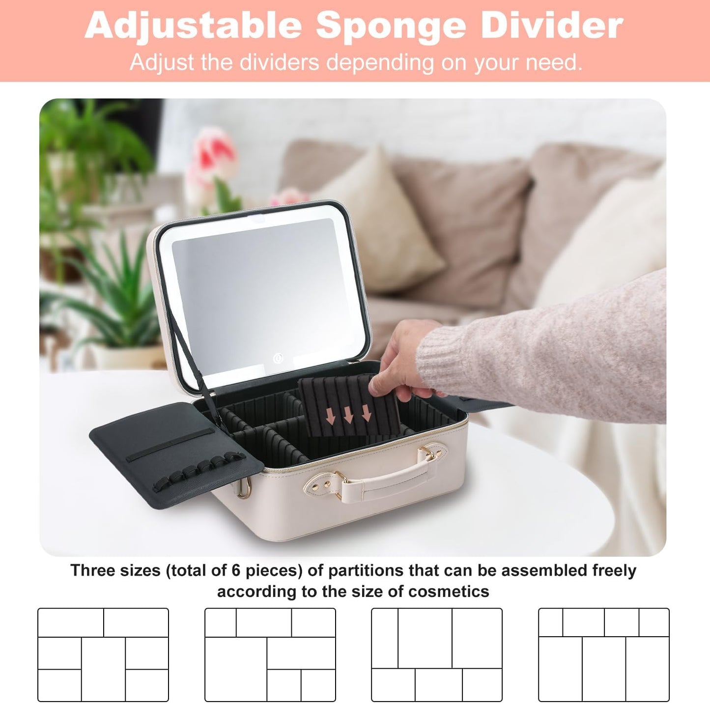 Mocado Travel Makeup Bag with LED Lighted Mirror,Makeup Case with 3 Color Lighted Setting and 10x Magnifying Mirror, Portable Storage and Adjustable Dividers (White with Hard Leather)