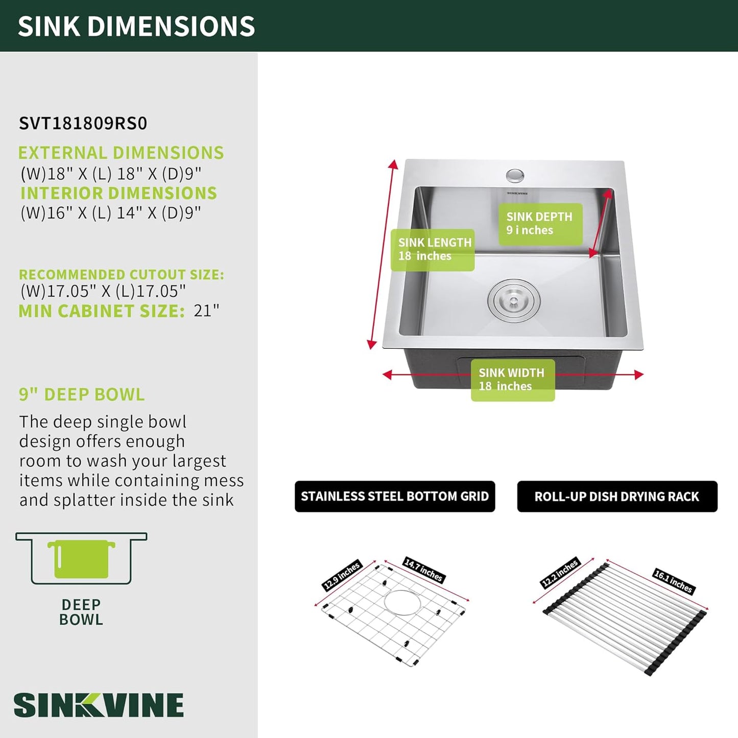 18-Inch Bar Sink Drop-In, SINKVINE Stainless Steel Kitchen Sink for Laundry Outdoor, RV, Top Mounted with Deep Single Bowl, 3.5" Drain Strainer, Bottom Rise Grid, Roll-up Drying Unit, 18 x 18 inch