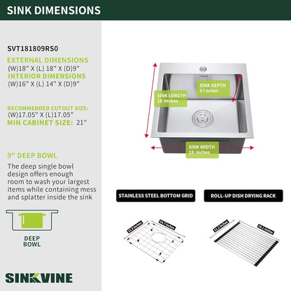 18-Inch Bar Sink Drop-In, SINKVINE Stainless Steel Kitchen Sink for Laundry Outdoor, RV, Top Mounted with Deep Single Bowl, 3.5" Drain Strainer, Bottom Rise Grid, Roll-up Drying Unit, 18 x 18 inch