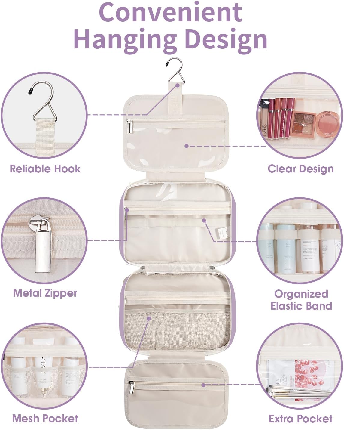 Narwey Hanging Toiletry Bag for Women Travel Makeup Bag Organizer Toiletries Bag for Travel Size Essentials Accessories Cosmetics (Purple (Medium))