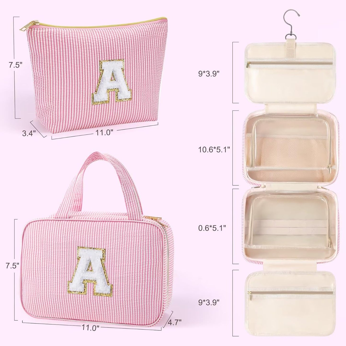 YOOLIFE Hanging Toiletry Bag Makeup Bag for Women Girls, Initial Toiletry Bag Cosmetic Bag, Personalized Birthday Gifts for Women Teen Girls, Letter A, Blue