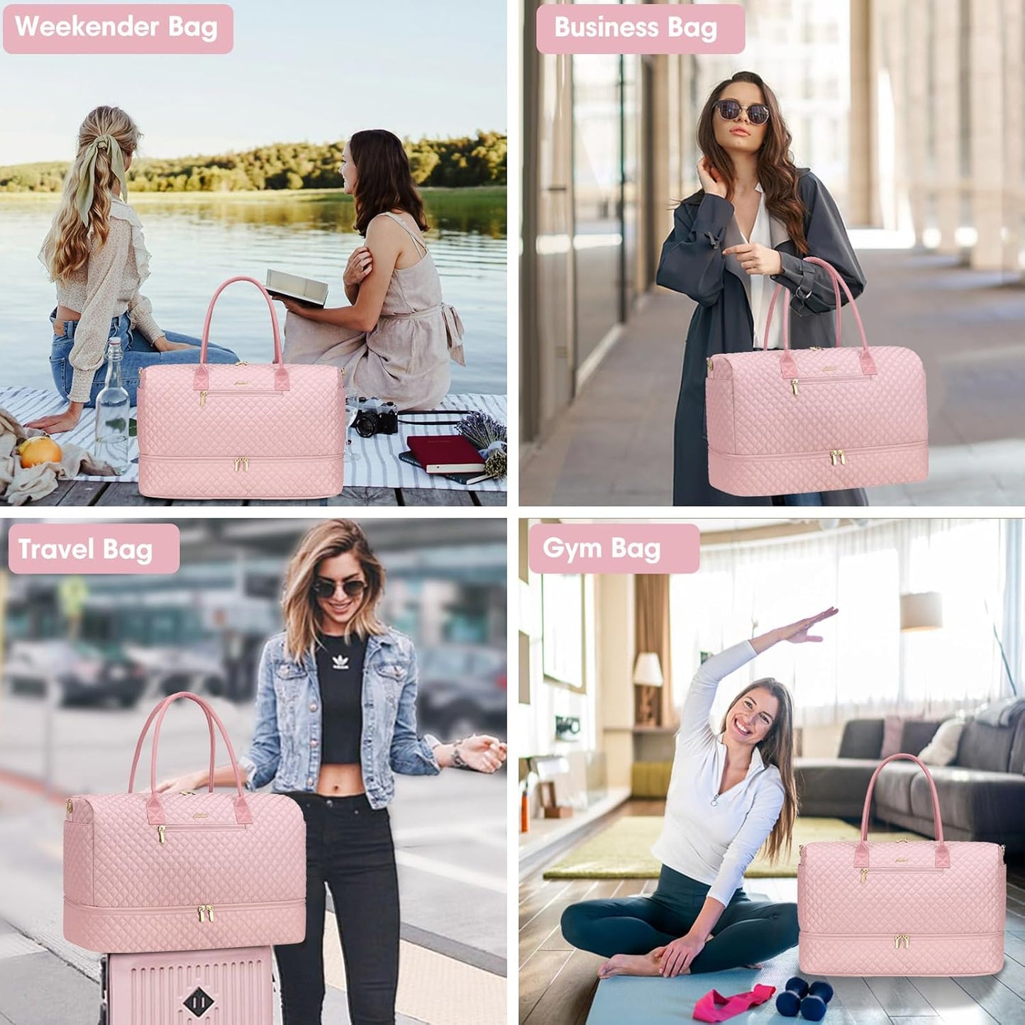 Travel Duffle Bag for Women Weekender Overnight Bag with Shoe Compartment with Gym with Wet Pocket for Labor and Delivery 3 Pcs Set Pink