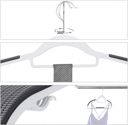 SONGMICS Pack of 30 Coat Hangers, Space-Saving Plastic Clothes Hangers, Non-Slip, 0.2 Inches Slim, 16.5 Inches Wide, 360° Swivel Silver Hook, White and Dark Gray UCRP20WG30