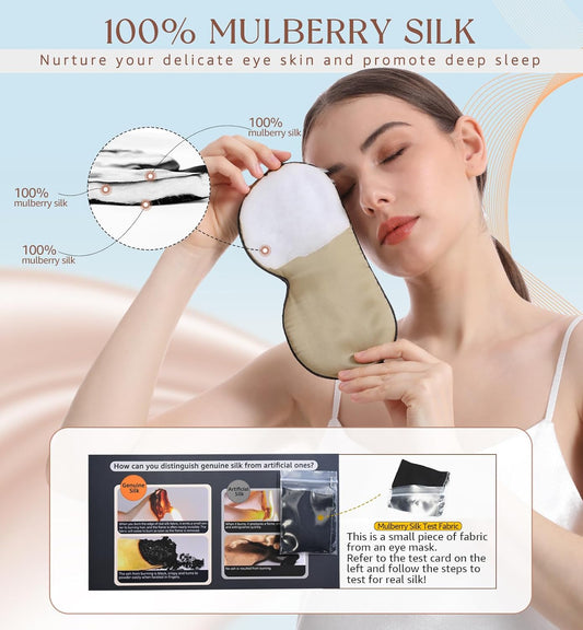 HiRui Silk Sleep Mask, 100% Natural Mulberry Silk of Double-Sided & Inner-Filling, Ultra-Smooth Soft, Adjustable Strap, Blocks Light for Night Sleeping, Travel, Office Naps (Khaki)