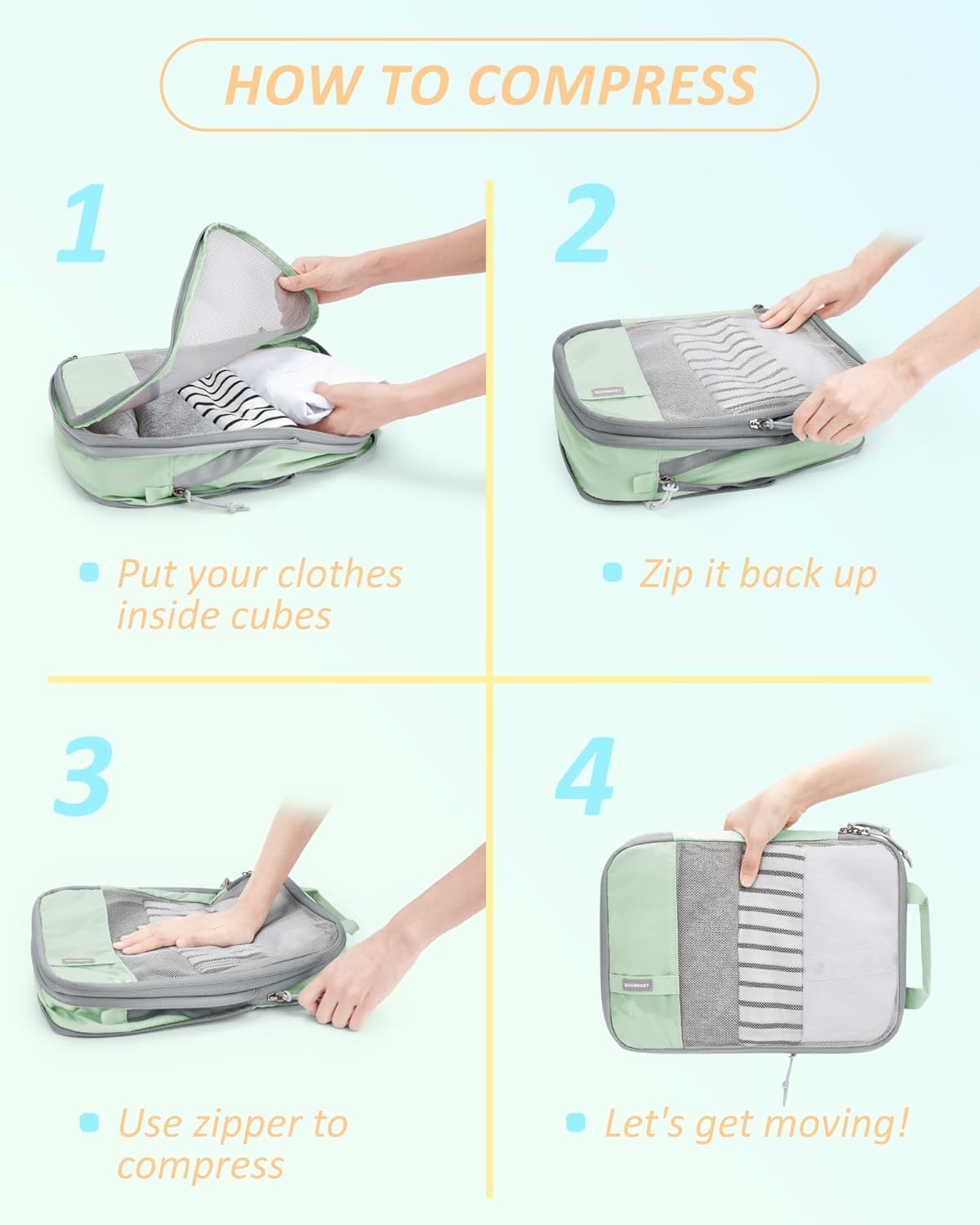 BAGSMART 6 Set Compression Packing Cubes - Lightweight Travel Essentials, Durable Luggage Organizer