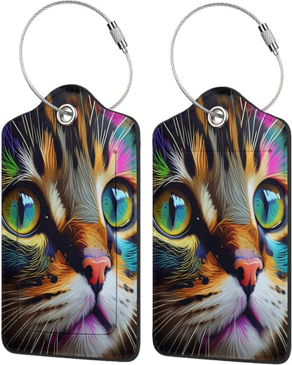 2 Pack Luggage Tags for suitcases Cute Cat Luggage Tag, Leather Stainless Steel Loop Label Tag for Men Women Travel Bag Suitcase(cat face)