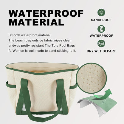 Large Canvas Tote Bag,White and Green, with Laptop Sleeve and Multiple Pockets