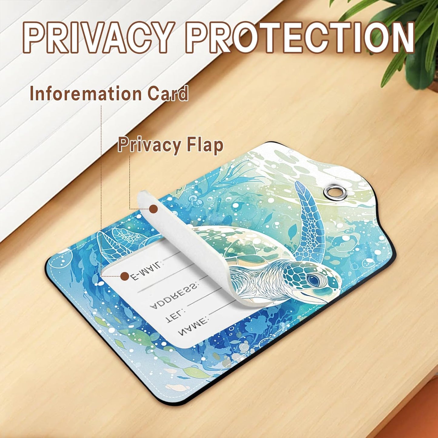 2 Pack Sea Turtle Luggage Tags, Leather Luggage Tags for Suitcases, Privacy Cover ID Label with Stainless Steel Loop & Address Card, Funny Sea Turtle Travel Bag Tag Luggages Accessories for Suitcases