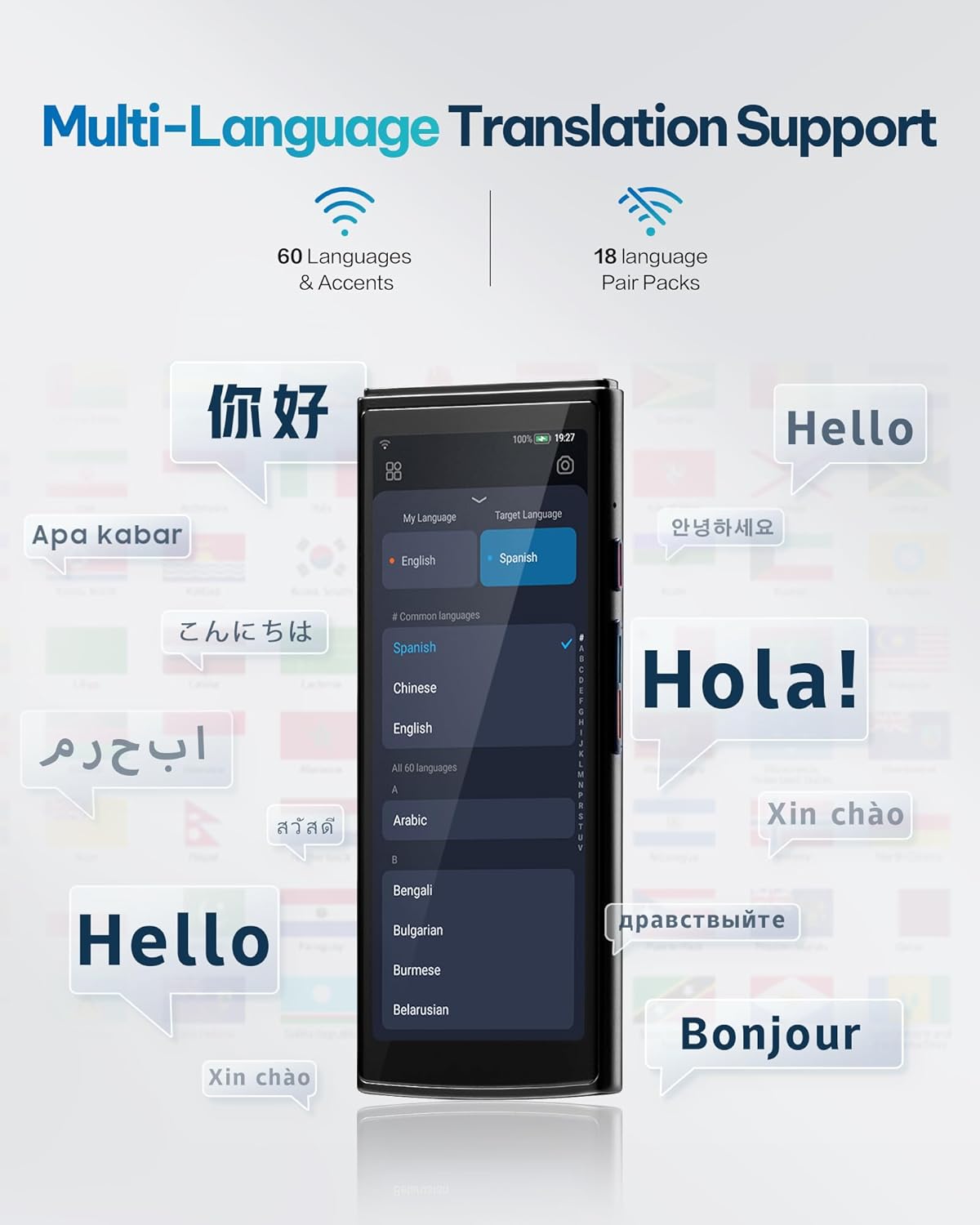 AI Language Translator Device — 60 Languages, Real-Time Split-Screen & Two-Way Instant Voice Translation, 18 Offline Packs, 2-Year Global Data for K-12 Education, Business, Travel