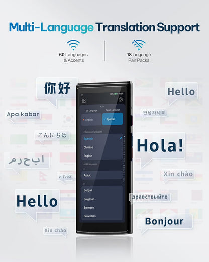 AI Language Translator Device — 60 Languages, Real-Time Split-Screen & Two-Way Instant Voice Translation, 18 Offline Packs, 2-Year Global Data for K-12 Education, Business, Travel