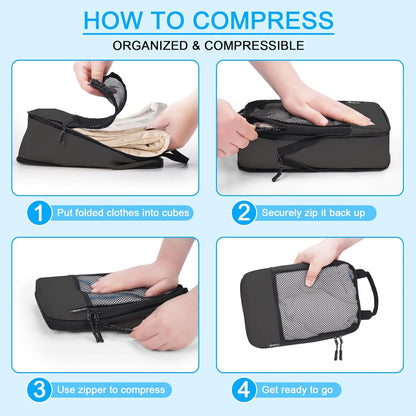 4 PCS Set Compression Packing Cubes for Travel, Lightweight Packaging Organizer Bags for Carry On Space Saving, Travel Essentials Cubes for Suitcase Backpack, Black