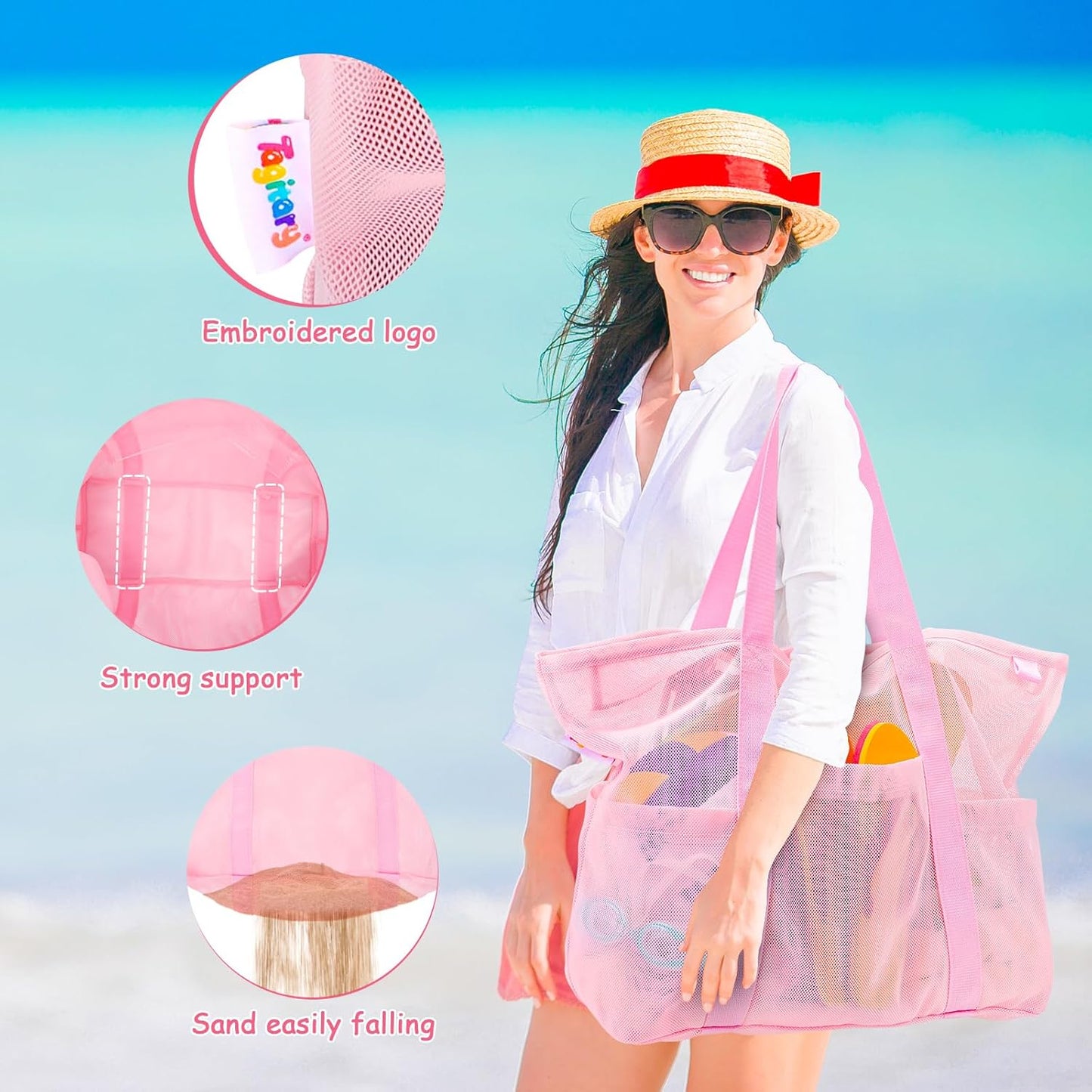 Tagitary Mesh Beach Bag with Zipper Large Beach Tote Waterproof Sandproof with 8 Pockets for Toys Pool Bag Beach Accessories