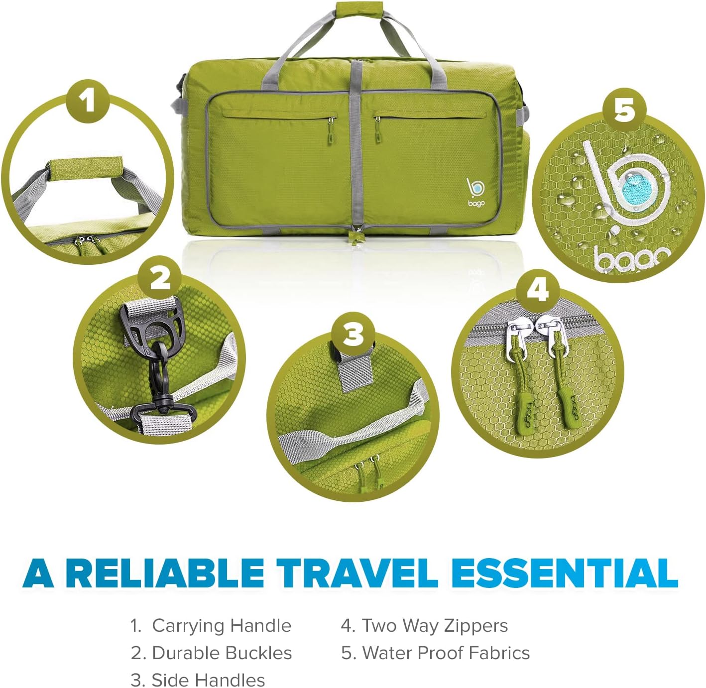 Bago Big XXL Foldable Duffel Bags for Traveling Women & Men - 140L Packable Duffle Bag for Travel with Shoe Compartment - Water Repellant, Heavy Duty, Lightweight Folding & Collapsible (Green)