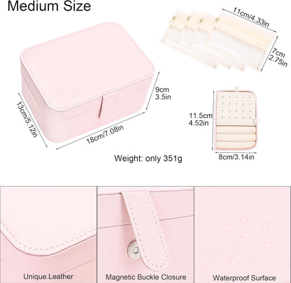 2 Layer Portable Jewelry Box, Large Jewelry Travel Case with 4 Jewelry Pouches, Medium Size Jewelry Organizer Box for Earrings, Necklaces, Bracelets (light pink)