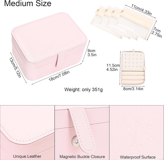 2 Layer Portable Jewelry Box, Large Jewelry Travel Case with 4 Jewelry Pouches, Medium Size Jewelry Organizer Box for Earrings, Necklaces, Bracelets (light pink)