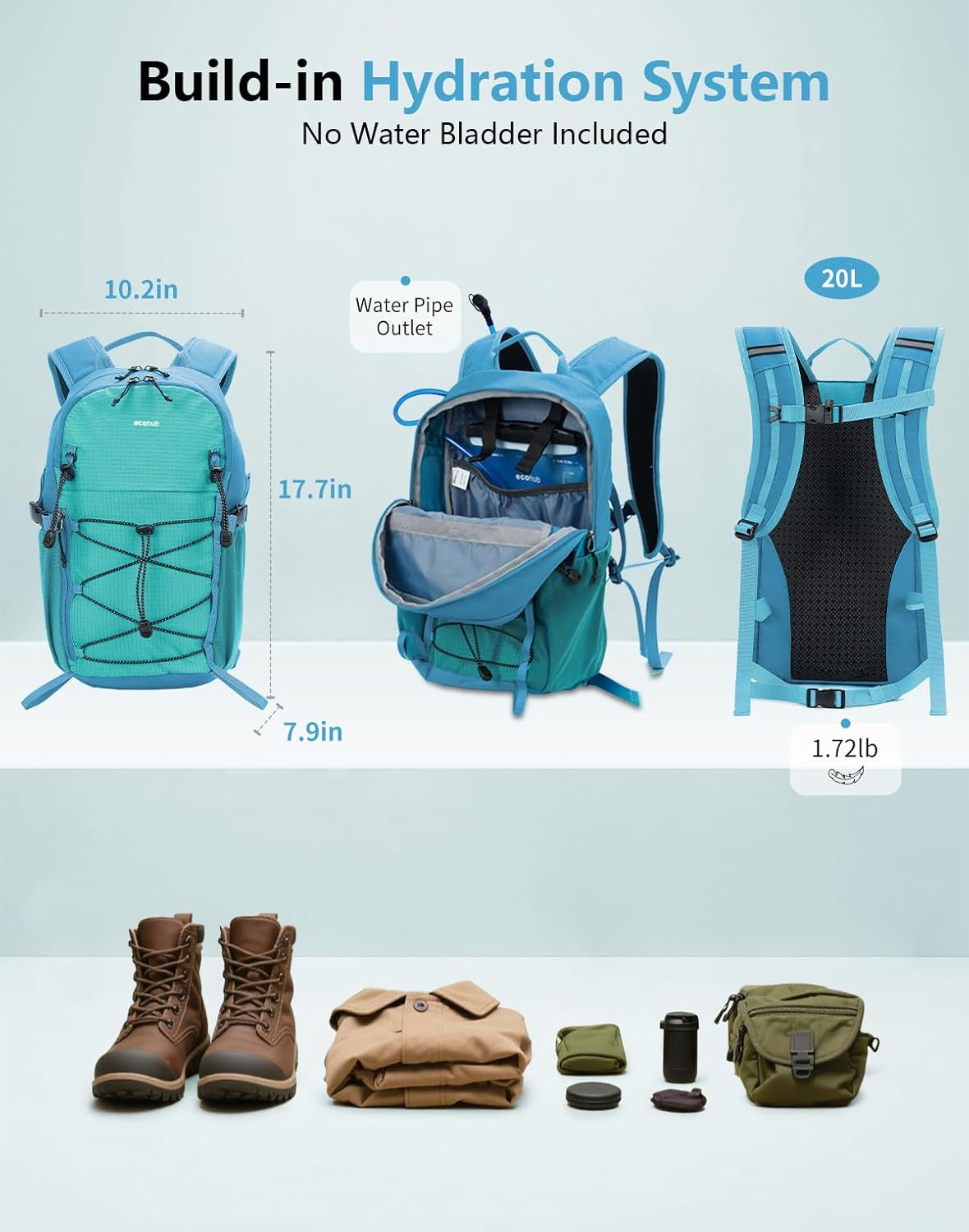 ECOHUB Small Hiking Backpack for Men Women, 20L Lightweight Travel Backpacks Water Resistant Camping Cycling Hiking Daypack