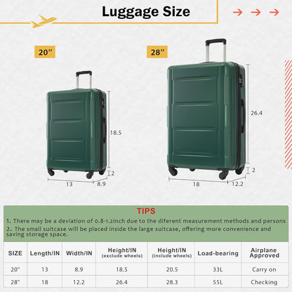 Merax Luggage Set 2 Piece Suitcase Sets with Spinner Wheel,Lightweight Hardside Expandable Travel Laggage with TSA Lock,Suitcase with Travel Bag(20"/28",Green)
