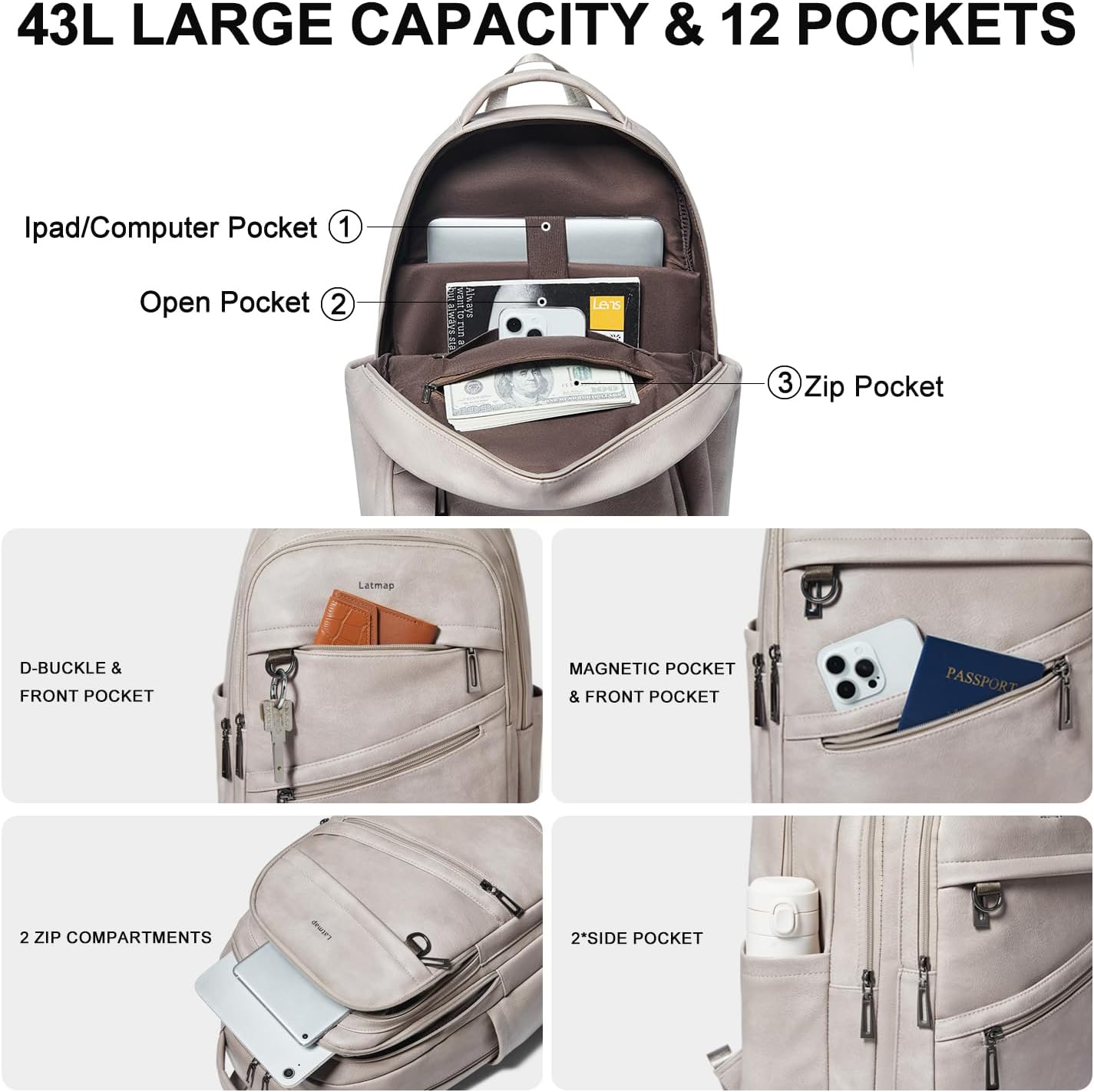 43L Backpack for Women Men - Vegan Leather Backpack Purse Travel Carry-on Bag College Bookbag Work fits 17" Laptop,Ash Gray Retro