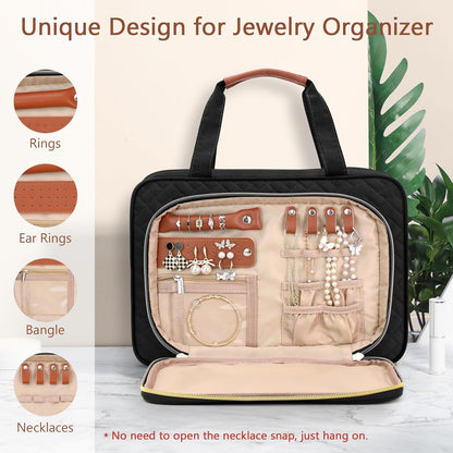 Wedama Toiletry Bag for Women, Hanging Travel Toiletry Bag with Jewelry Organizer Compartment Medium Makeup Bag, PVC Waterproof Cosmetic Travel Bag Trips Camping Bathroom, Black+Brown