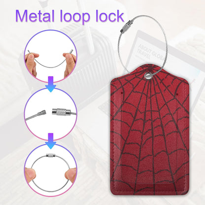 2 Pack Leather Luggage Tag for Suitcase Spider Web Cool Red Black Unique Travel Tags with Privacy Cover ID Label & Stainless Steel Loop for Men and Women Baggage