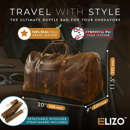 ELIZO Personalized Leather Duffle Bag For Men Women REAL FULL GRAIN Custom Travel Overnight Weekender Carry On Luggage Sports Gym Bags (Antique 20 Inch) Origin