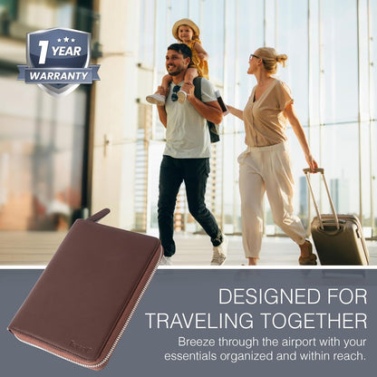 Full Grain Leather Family Passport Holder for 2-4 Passports - RFID Passport Holder and Travel Document Organizer - Large Leather Travel Wallet for Couples and Families - Brown