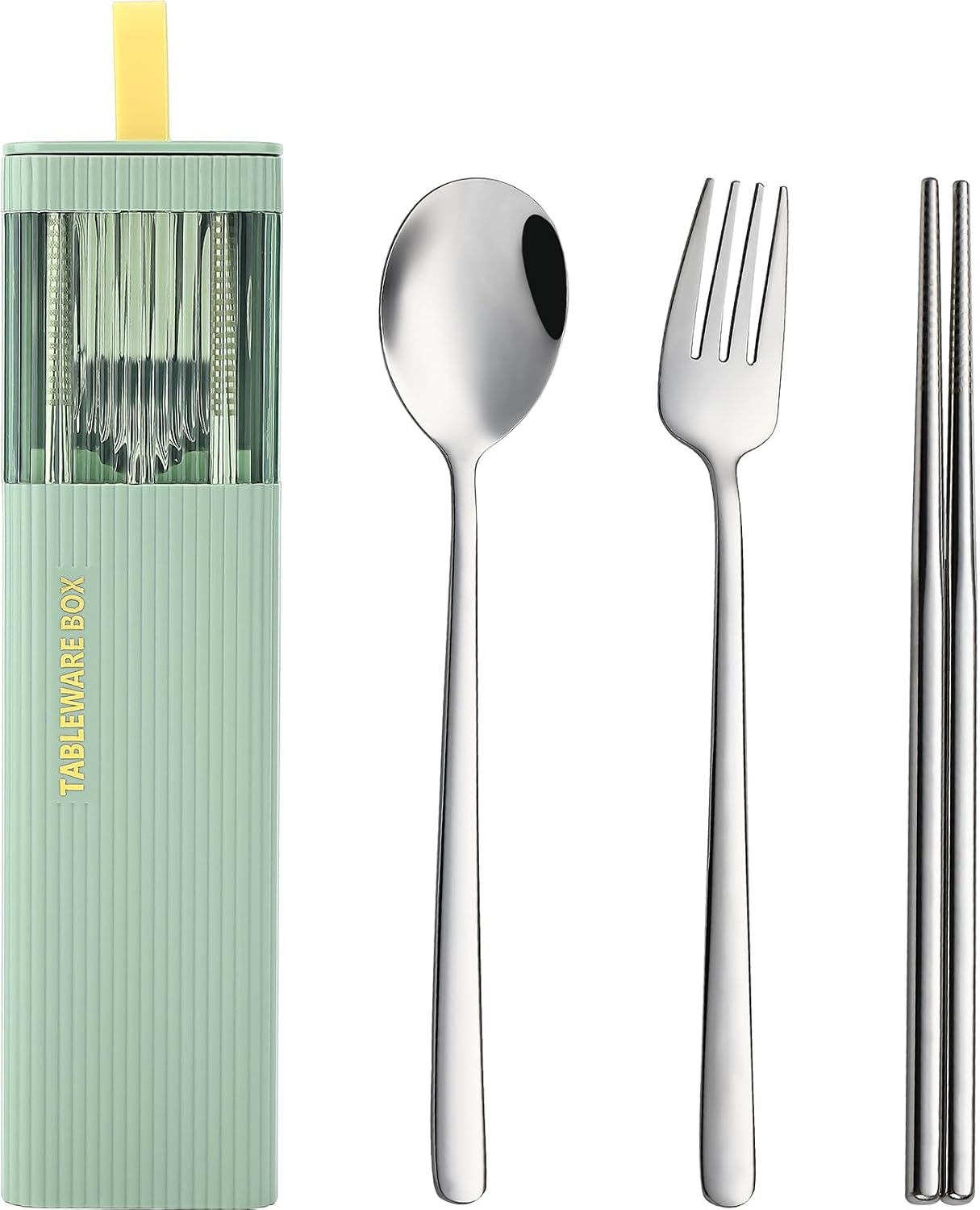 DEVICO Travel Utensils with Case, 18/8 Stainless Steel Reusable Silverware Set for Lunch Box, Portable Cutlery Set, Fork and Spoon Set for Camping, Lunch, Picnic, Workplace, School (Green)