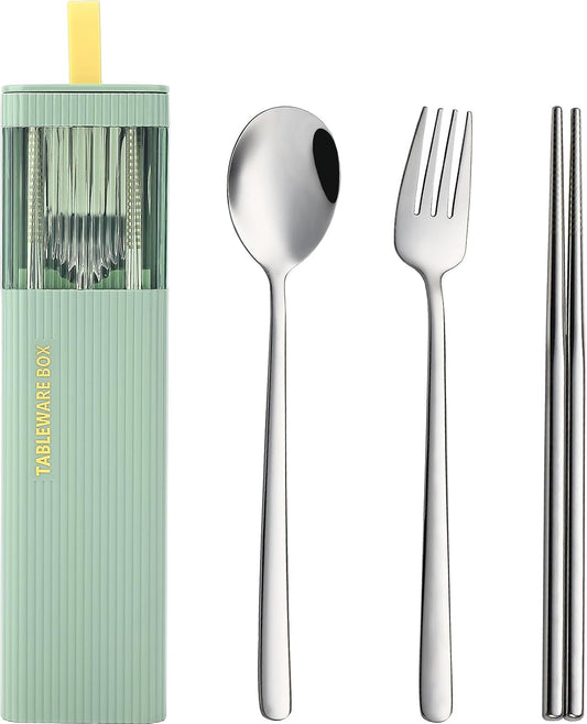 DEVICO Travel Utensils with Case, 18/8 Stainless Steel Reusable Silverware Set for Lunch Box, Portable Cutlery Set, Fork and Spoon Set for Camping, Lunch, Picnic, Workplace, School (Green)