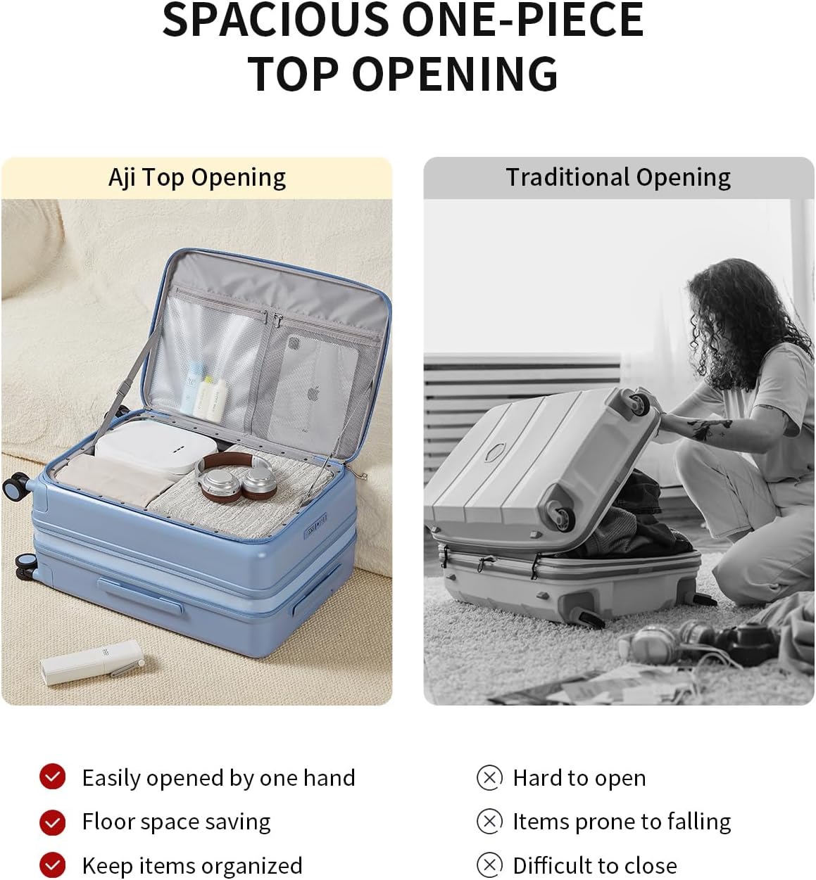 aji Expandable Top Open 24 Inch Checked Luggage with Spinner Wheels, Large Suitcase with TSA Lock, Hardside Travel Luggage Suitcases for Men Women, for 14+Days Travel, Blueberry Blue