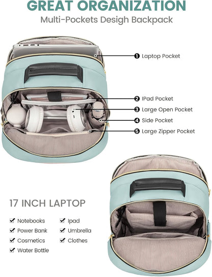LOVEVOOK Laptop Backpack for Women, Travel Computer Work Bags with 17-inch Laptop Compartment, College School Student Bag Teen Backpacks For Girls, Outdoor Carry On Backpack Purse, Mint Green