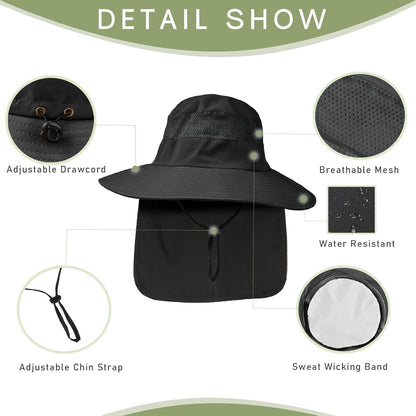 Fishing Hat Breathable Wide Brim Sun Hats with Neck Flap Bucket Hat Outdoor Safari Hat for Men Women UPF 50+ Sun Protection