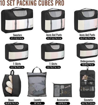 Veken 10 Set Packing Cubes for Travel Essential, Suitcase Organizer Bags in 4 Sizes, Carry-On Luggage Accessories with Large Laundry & Hanging Toiletry Bag, Must-Have for Airplane, Road Trip & Camping