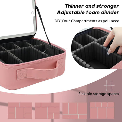 Makeup Bag with Led Mirror,Travel Makeup Organizer with 3 Color Setting, Portable Storage and Adjustable Dividers Travel Makeup Bag(Pink)