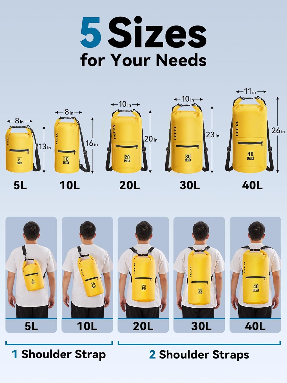 HEETA Waterproof Dry Bag with Front Zippered Pocket for Women Men, 5L/10L/20L/30L/40L Roll Top Lightweight Dry Storage Bag Backpack for Travel, Kayaking, Boating, Rafting, Camping, Hiking & Beach