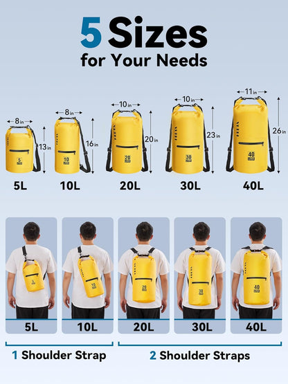 HEETA Waterproof Dry Bag with Front Zippered Pocket for Women Men, 5L/10L/20L/30L/40L Roll Top Lightweight Dry Storage Bag Backpack for Travel, Kayaking, Boating, Rafting, Camping, Hiking & Beach