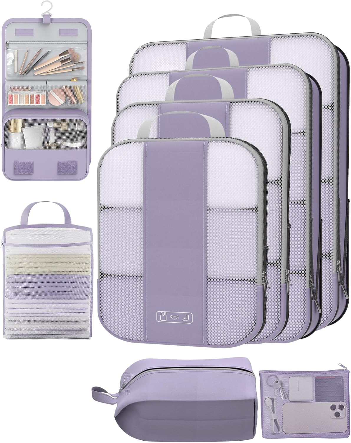 8 Set Compression Packing Cubes for Travel Essentials,Compressible Expandable Packing Cubes for Suitcase,OlarHike Luggage Organizer Bags for Travel,Handy Helper for Organizing Clothes(Purple Gray)