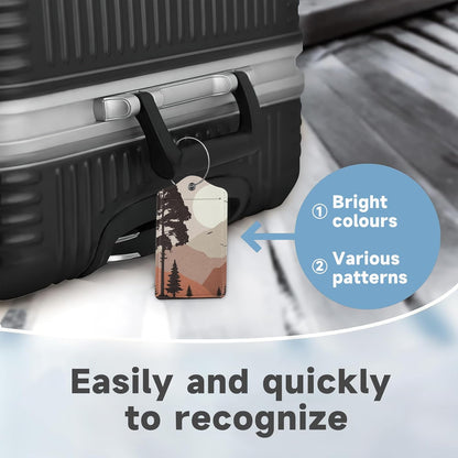 2 Pack Luggage Tag for Suitcase, Landscape Pine Trees Mountains Leather Bag Tags Identifiers Privacy Cover ID Label with Durable Steel Loop for Women Men Kids Girls Travel