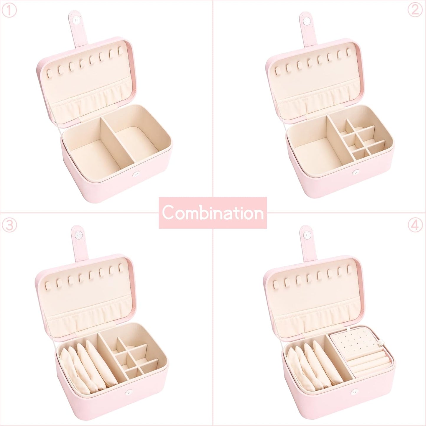 2 Layer Portable Jewelry Box, Large Jewelry Travel Case with 4 Jewelry Pouches, Medium Size Jewelry Organizer Box for Earrings, Necklaces, Bracelets (light pink)