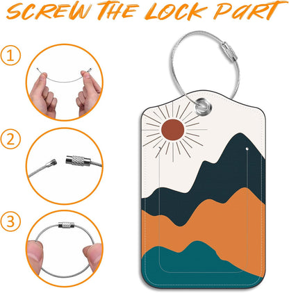 Luggage Tags for Suitcase Mountains Lake Sun Moon 2 PCS Leather Travel Luggage Tag with Stainless Steel Loop Name ID Label Privacy Cover for Women Men Travel