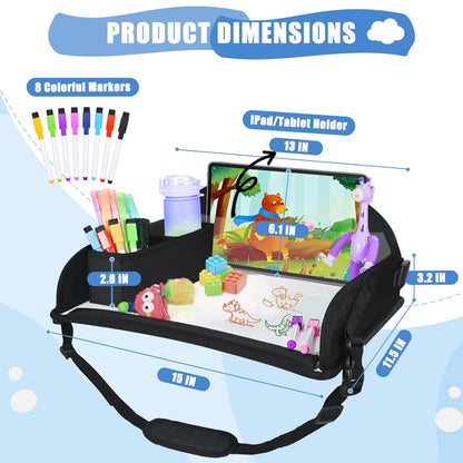 Upgraded Kids Travel Tray for Airplane - Toddler Car Seat Table Tray, Road Trip Essentials for Boys & Girls, Carseat Lap Desk for Kids Road Trip Activities, Black