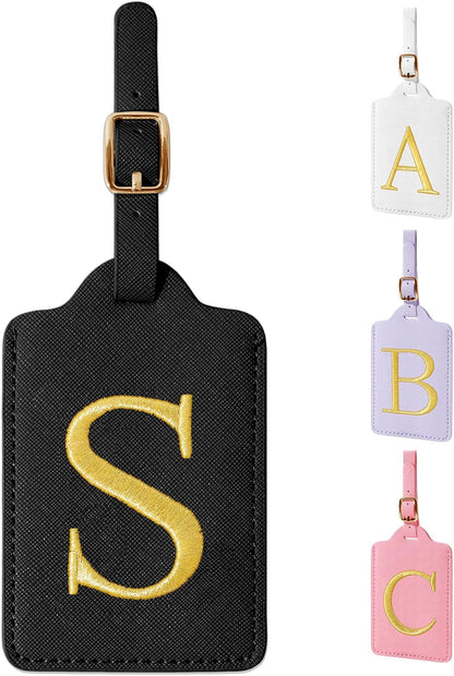 Personalized Initial Luggage Tags for Suitcase TSA Approved, Black Leather Cute Luggage Tag with Privacy Cover Name Card, Embroidered Custom Luggage Tags Travel Backpack Tags Gifts for Women Kids(S)