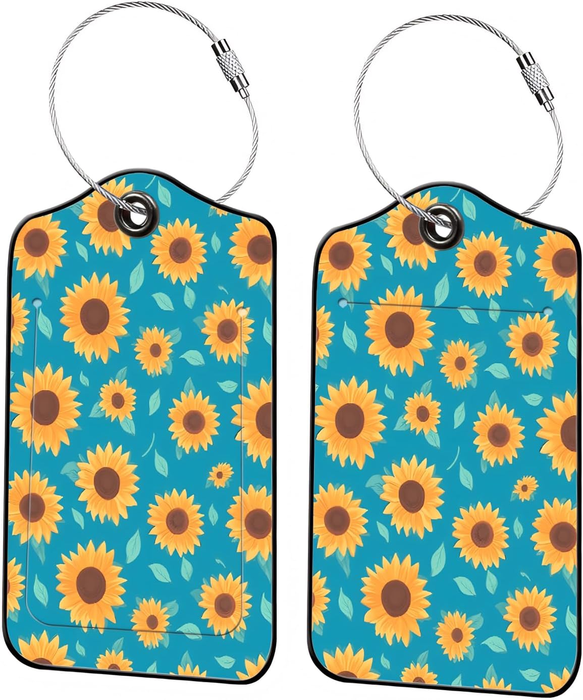 Luggage Tags for Suitcases, 2-Pack PU Leather for Cruise & Travel, Baggage ID Tags with Privacy Cover & Address Card, Durable Metal Ring, Kids Adults Travel Accessories, Turquoise Sunflowers