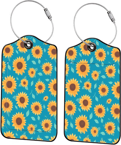 Luggage Tags for Suitcases, 2-Pack PU Leather for Cruise & Travel, Baggage ID Tags with Privacy Cover & Address Card, Durable Metal Ring, Kids Adults Travel Accessories, Turquoise Sunflowers