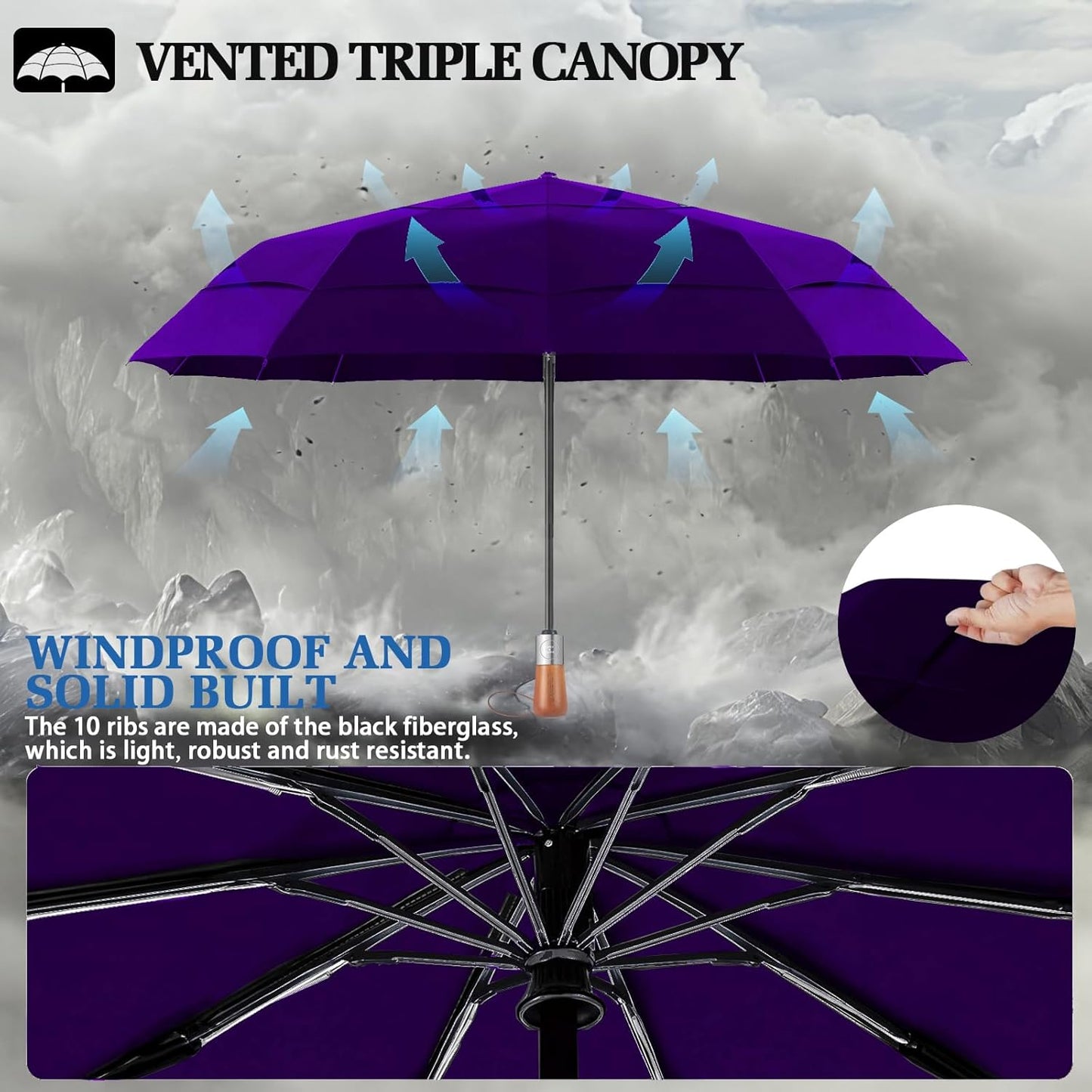 3T Wind Armor Travel Umbrella Compact Easy Auto Open Close Folding Umbrellas for Rain Windproof Umbrella for Women and Men Durable Real Wood Handle Portable Fits Backpack Car