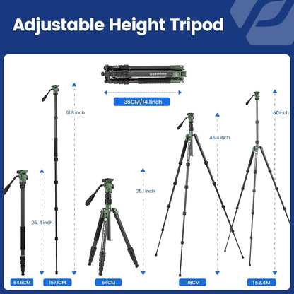 Fotopro 59" Carbon Fiber Travel Tripod, Compact Video Tripods with Fluid Head, Detachable Monopod with Quick Release Plate and Bag, Camera Tripod Load up to 8KG/17.63lbs, Green