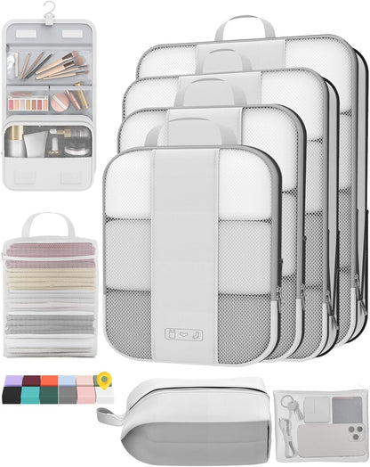 8 Set Compression Packing Cubes for Travel Essentials,Compressible Expandable Packing Cubes for Suitcase,OlarHike Luggage Organizer Bags for Travel,Handy Helper for Organizing Clothes(White)