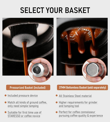 STARESSO Classic Portable Espresso Maker, 2 IN 1 Travel Coffee Maker Compatible Ground Coffee & NS Original Pods, Espresso Machine with Stainless Steel Chamber for Travel Camping, Manually Operated