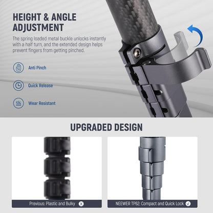 NEEWER LITETRIP LT32 62" Travel Tripod Carbon Fiber with ±15° Leveling Base, Detachable Center Axis, Fast Flip Buckle, 360° Pan Arca Type QR Plate Compatible with Peak Design Capture V3 (Former TP62)