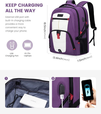 LOVEVOOK Travel Laptop Backpack Waterproof Anti Theft Backpack with Lock and USB Charging Port Large Computer Business Backpack for Women College Backpack (17 inch,Purple & White