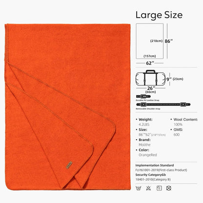 100% Wool Blanket, 62" x 86", Warm, Thick, Washable, Military Wool Blanket, Great for Camping, Outdoors, Sporting Events, Survival Kits, OrangeRed